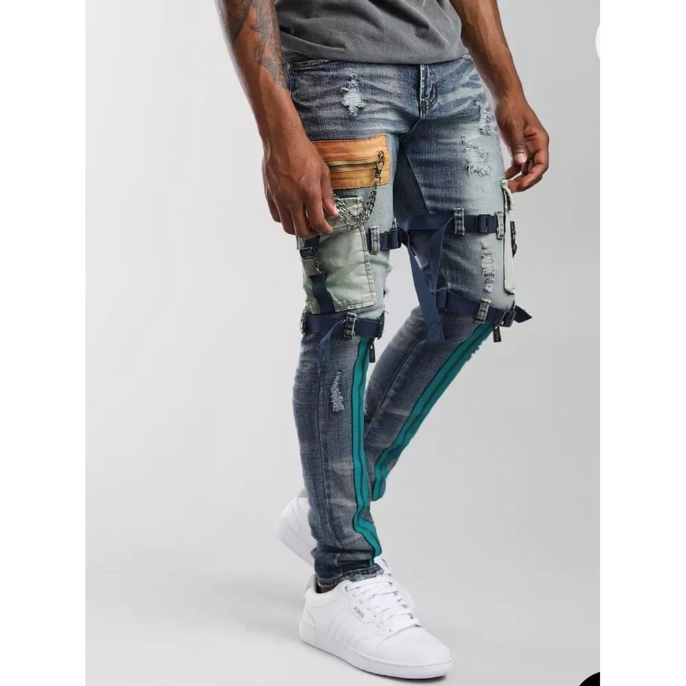 PREME Men's Moto Patchwork‎ Jeans 30x32 Multi Pocket Buckle Strap Distressed